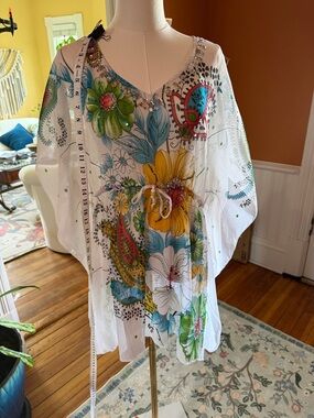 Life Style White Floral Beaded Tunic Kaftan Top Size L Boho Resort